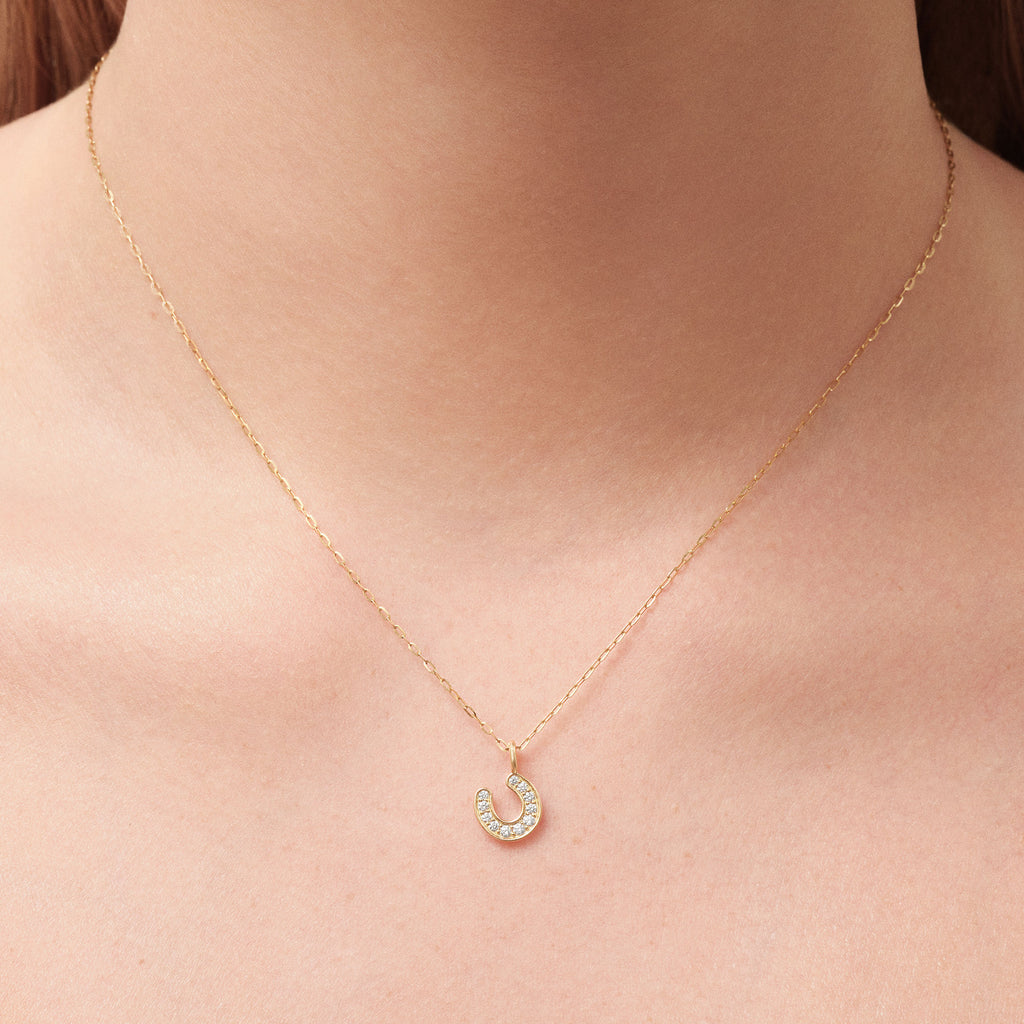 Horseshoe 14K Gold Pendant w. Diamonds