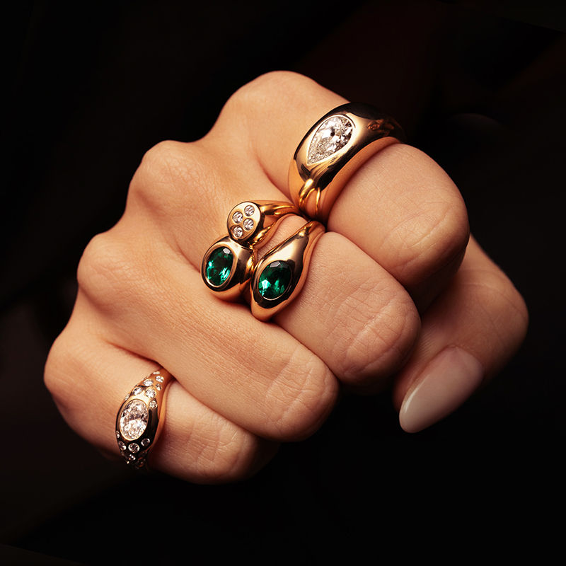 Curve Duo 18K Rosegold Ring w. Emerald & Diamonds