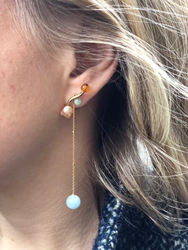 Arwa Gold Plated Earring w. Pearl, Amber & Aquamarine