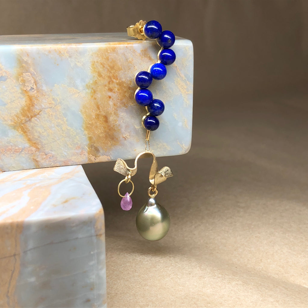 Fine Curves 18K Gold Earring w. Lapis, Sapphire & Pearl