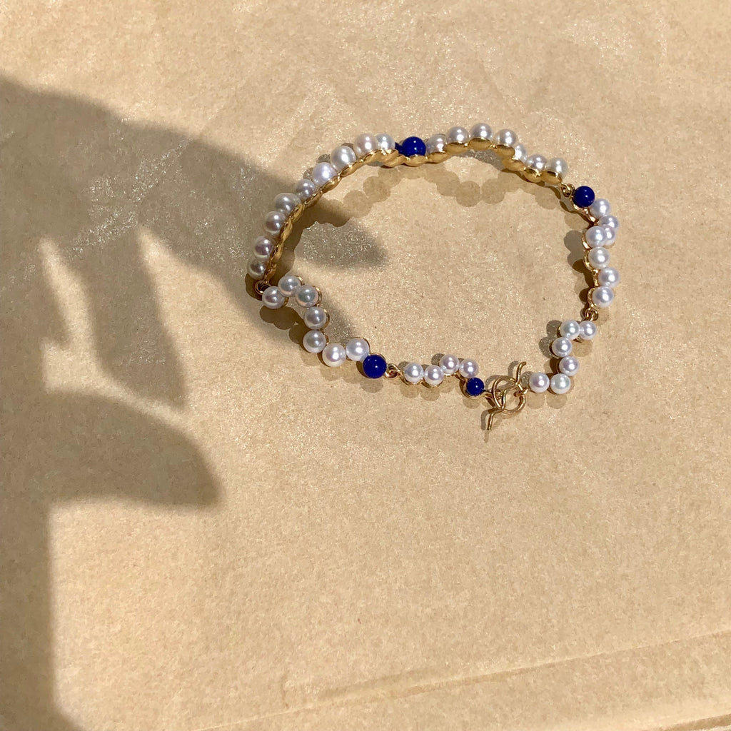 Curves 9K Gold Bracelet w. Pearls & Lapis
