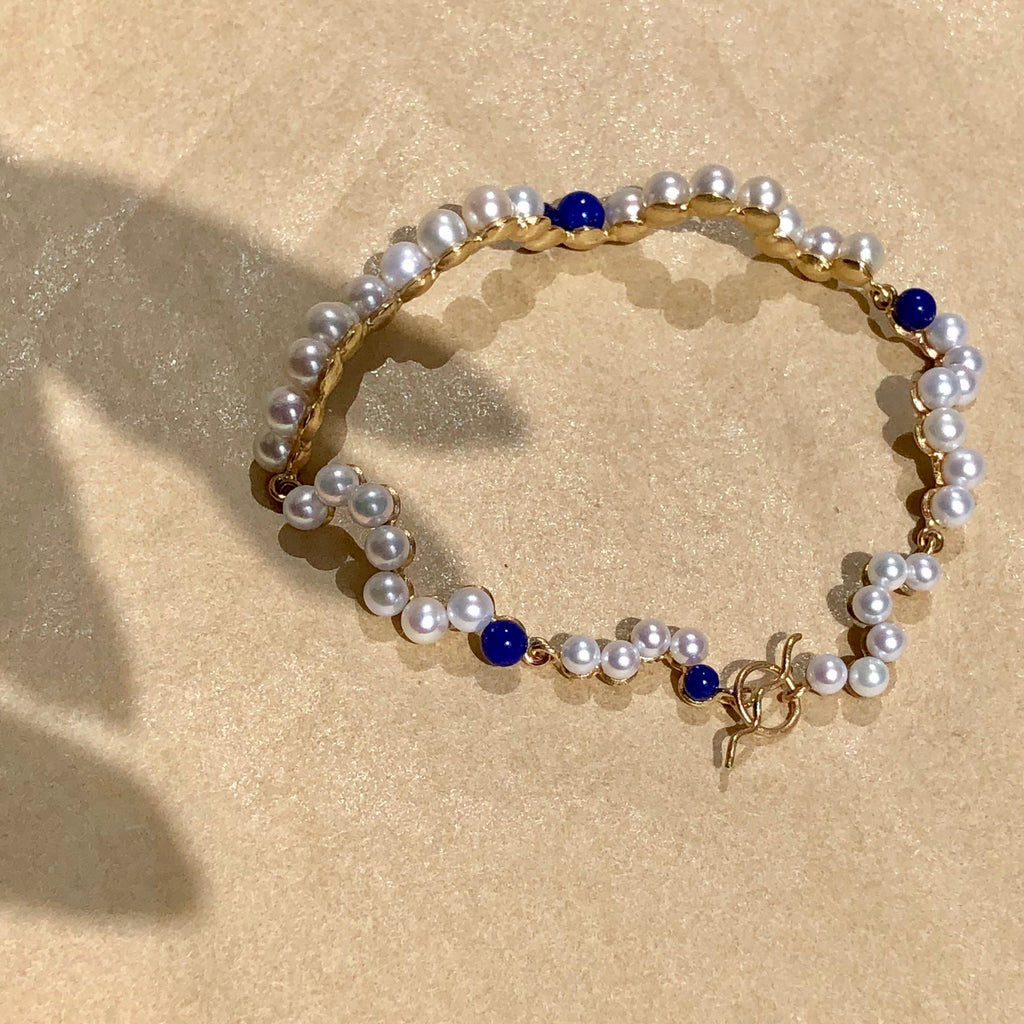 Curves 9K Gold Bracelet w. Pearls & Lapis
