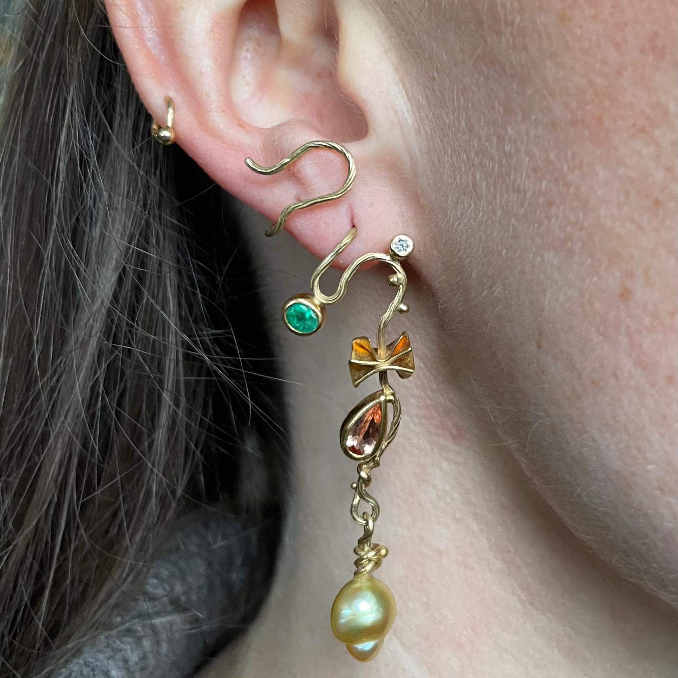 Mucha 18K & 22K Gold Earring w. Keshi Pearl & Diamond
