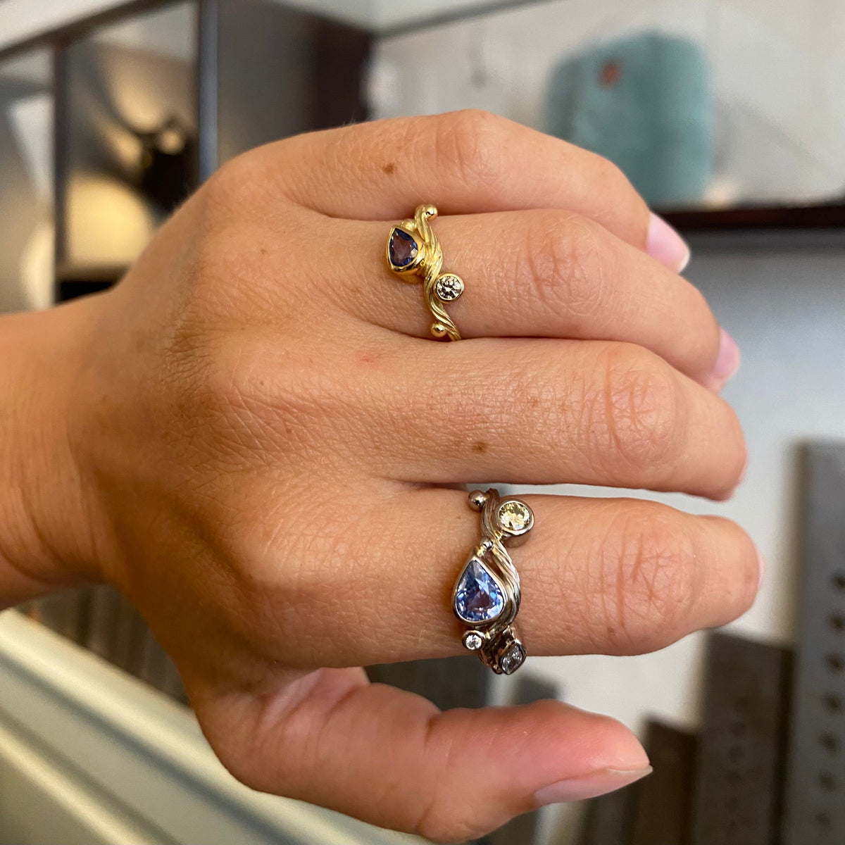Seafire 18K & 22K Gold Ring w. Sapphire & Champagne Diamond