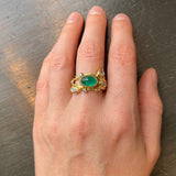 Double Seafire 18K & 22K Gold Ring w. Emerald & Diamonds