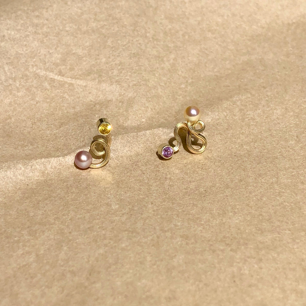 Joy Sticks 14K Gold Studs w. Pearls & Sapphire
