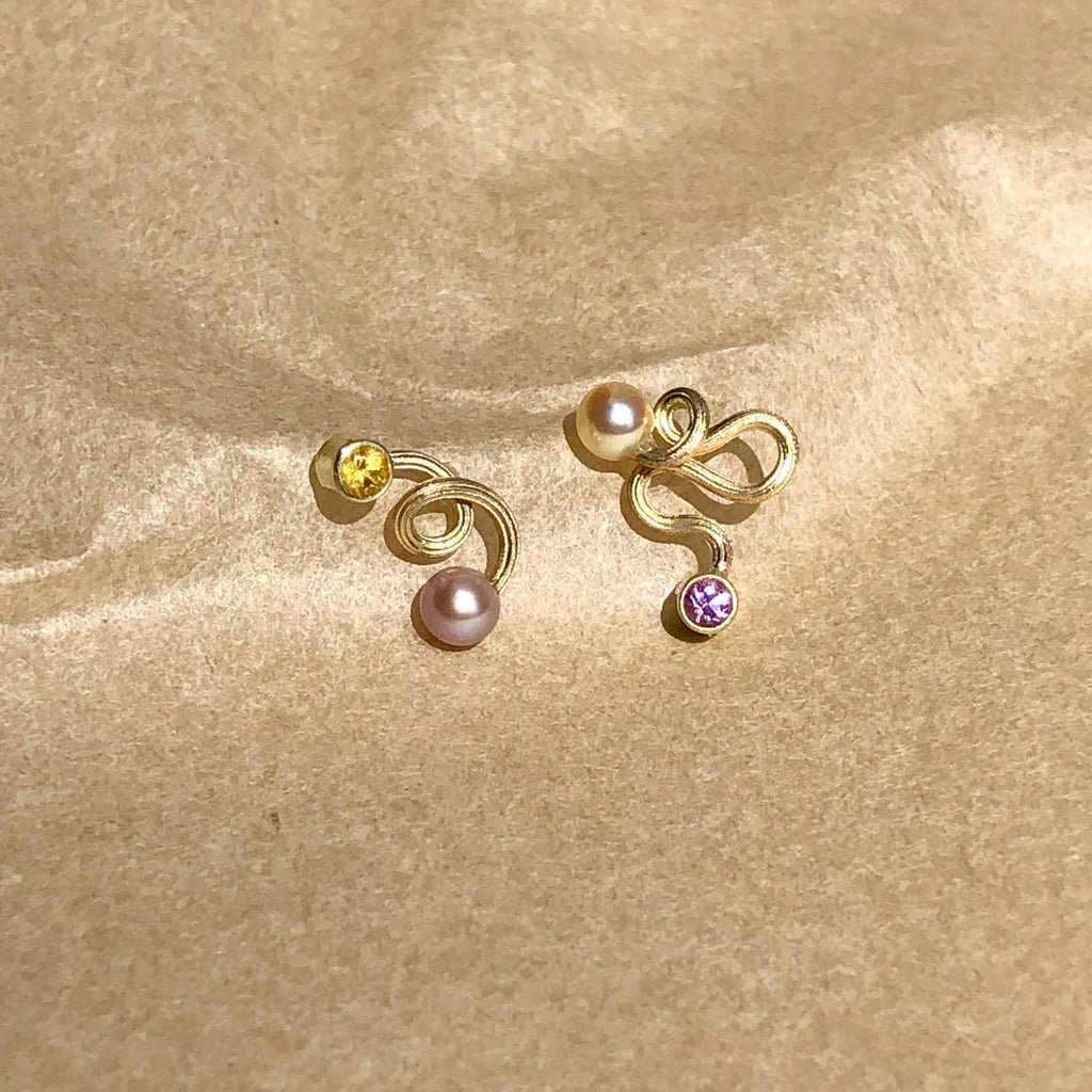 Joy Sticks 14K Gold Studs w. Pearls & Sapphire