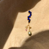 Fine Curves 18K Gold Earring w. Lapis, Sapphire & Pearl