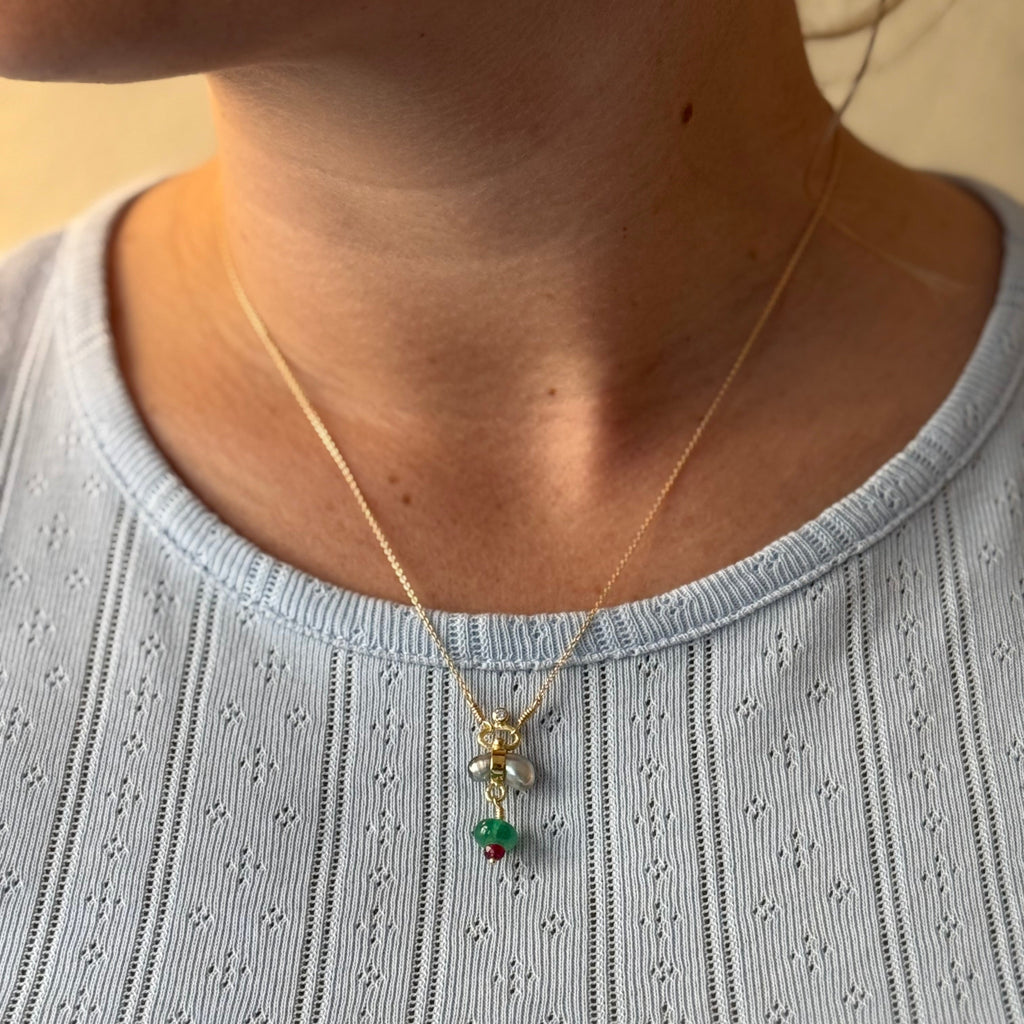 18K & 22K Gold Necklace w. Thahiti Keshi Pearls, Emerald, Ruby & Diamond