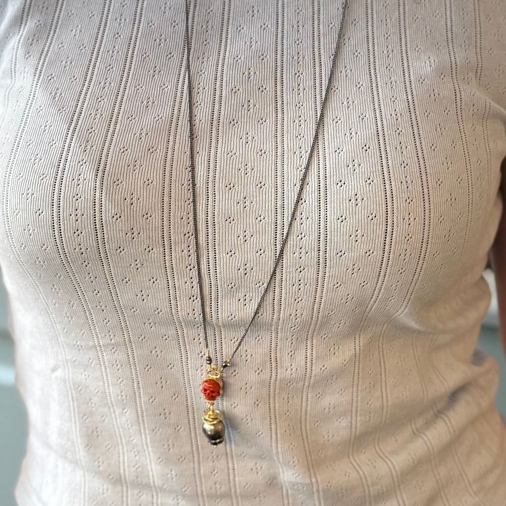 Memento Mori 18K & 22K Gold & Silver Necklace w. Coral, Pearl & Diamond