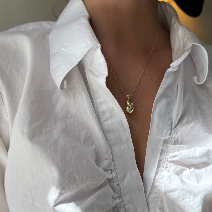 Gone Fishing 18K & 22K Gold Necklace w. Keshi Pearl & Diamond