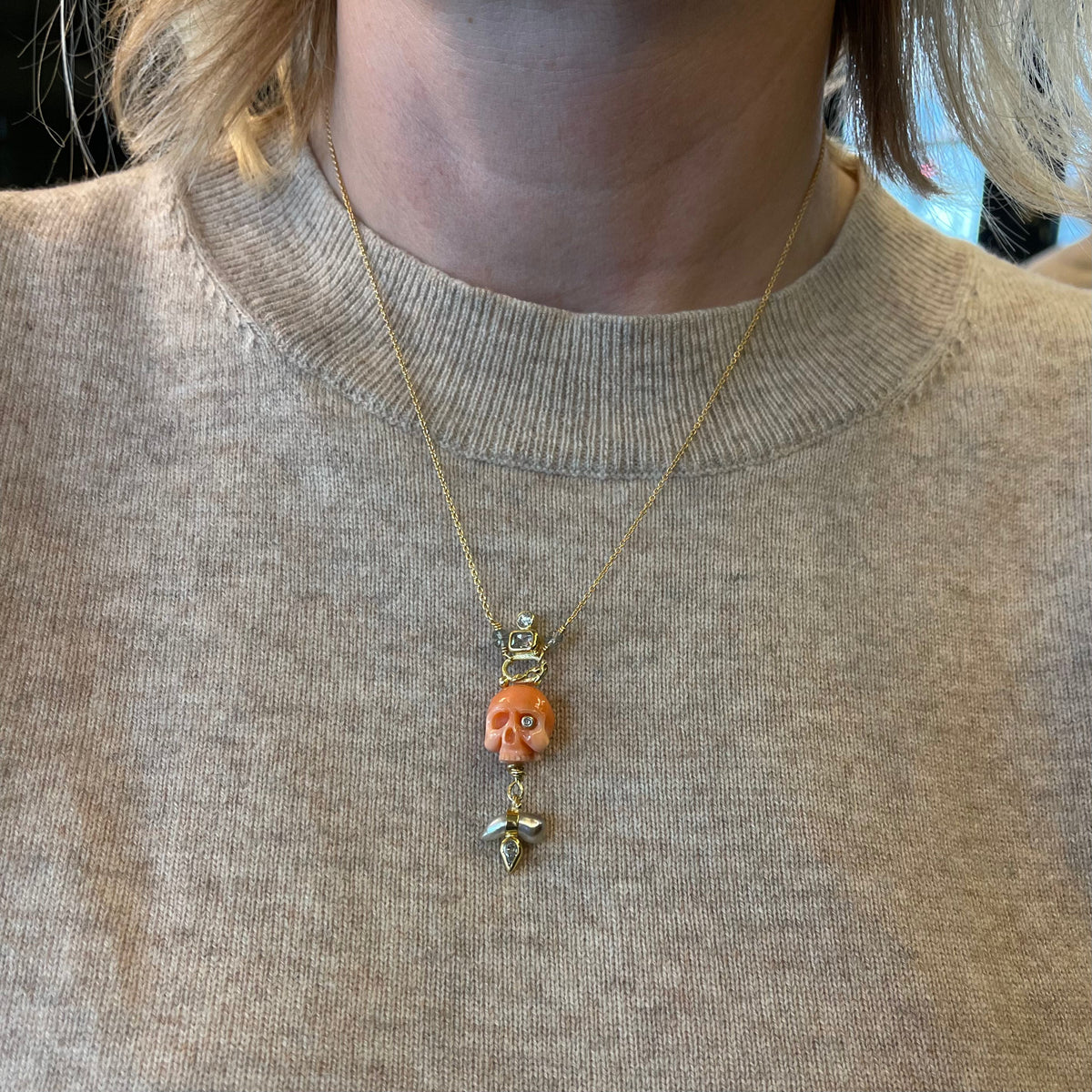Memento Mori 18K & 22K Gold Necklace w. Coral, Diamonds, Sapphires & Pearls
