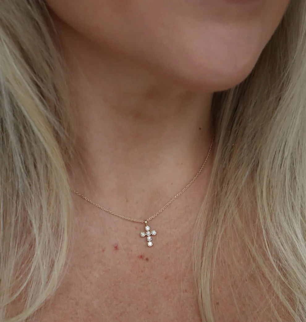Bezel Cross 14K Gold Necklace w. Diamonds