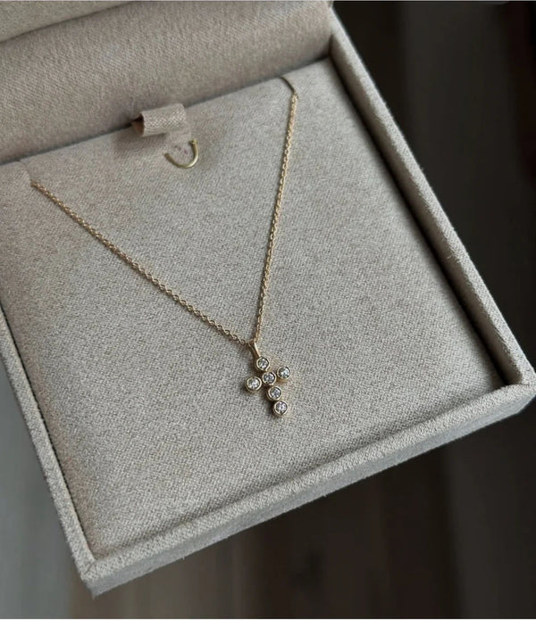 Bezel Cross 14K Gold Necklace w. Diamonds