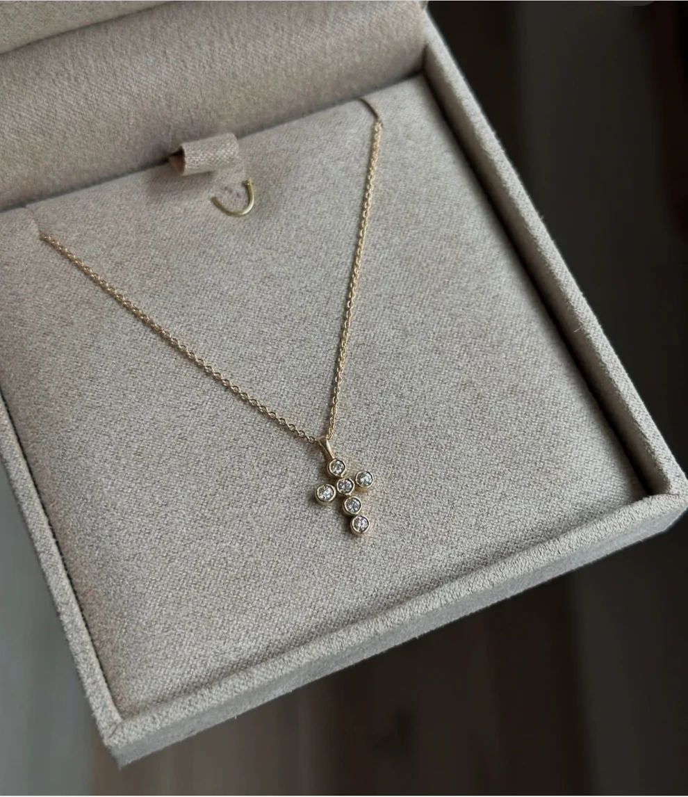 Bezel Cross 14K Gold Necklace w. Diamonds