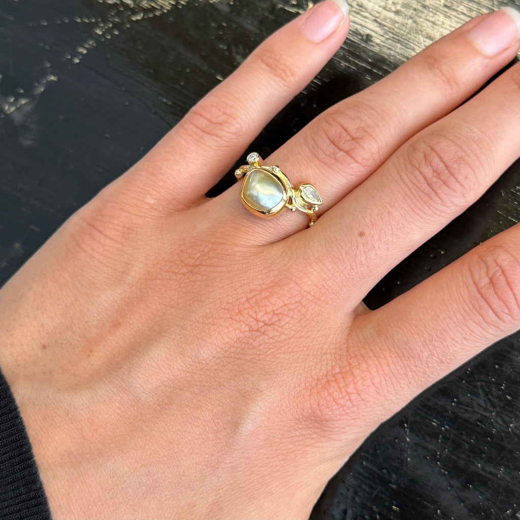 Seafire 18K & 22K Gold Ring w. Keshi Pearl & Diamond