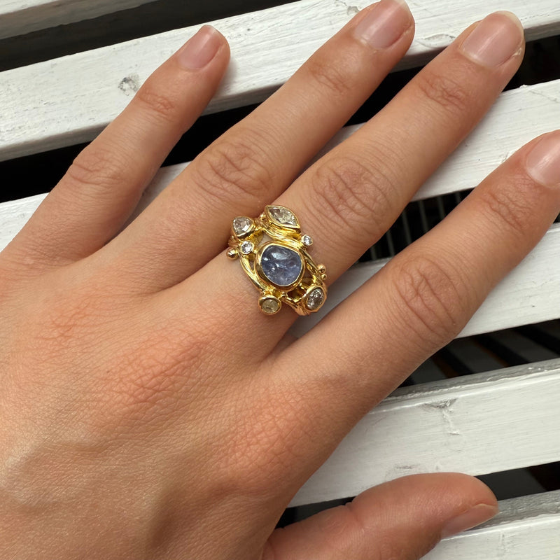 Dobbelt Seafire 18K & 22K Guld Ring m. Safir & Diamant