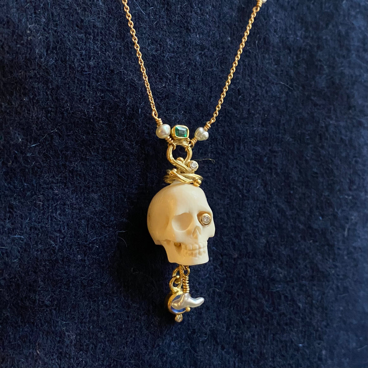Memento Mori 18K & 22K Gold Necklace w. Emeralds & Sapphires