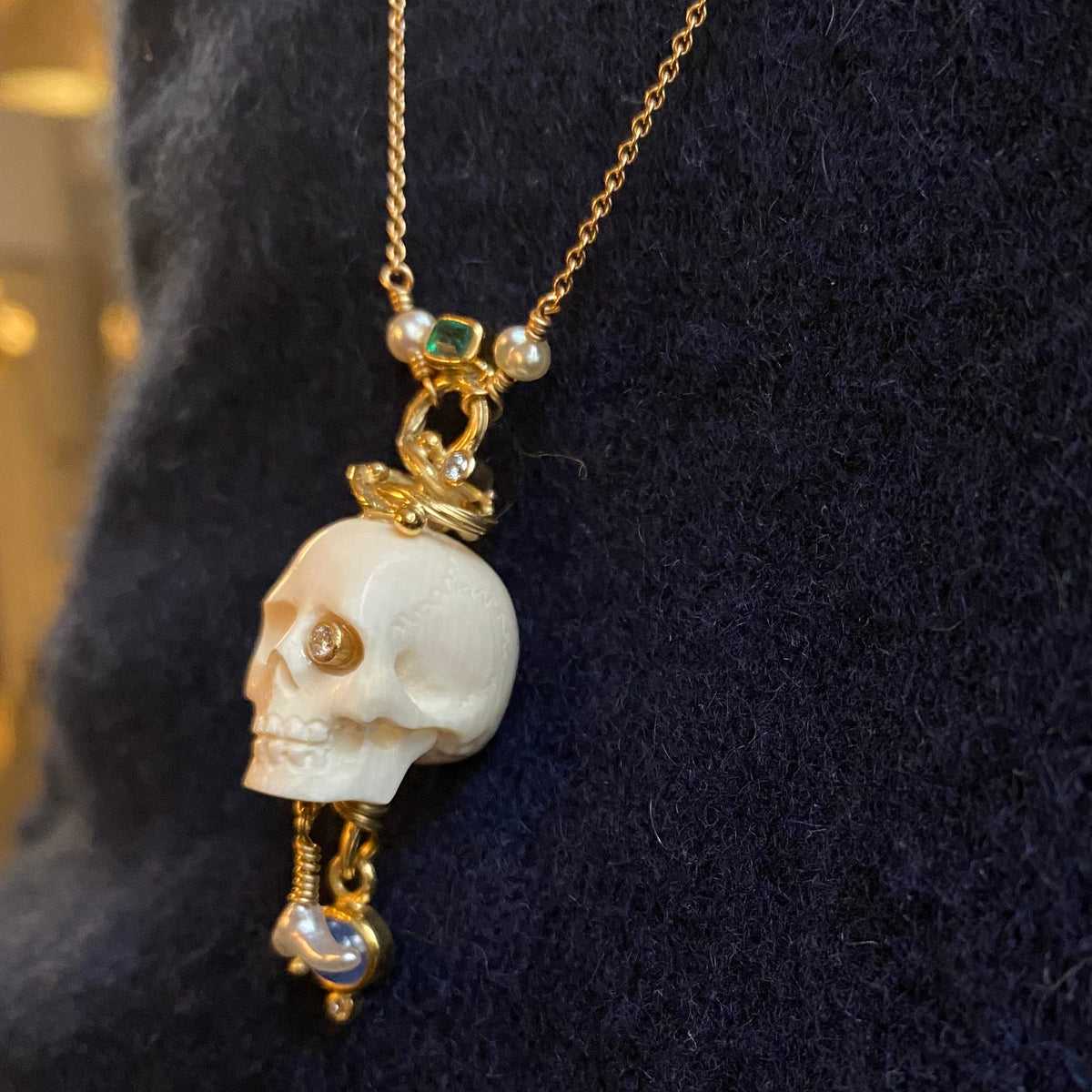 Memento Mori 18K & 22K Gold Necklace w. Emeralds & Sapphires