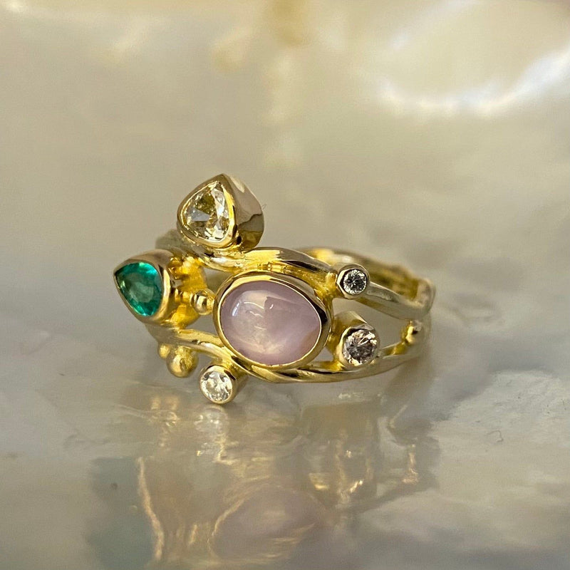 Double Seafire 18K & 22K Guld Ring m. Safir, Smaragd & Diamanter