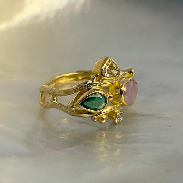 Double Seafire 18K & 22K Gold Ring w. Sapphire, Emerald & Diamonds