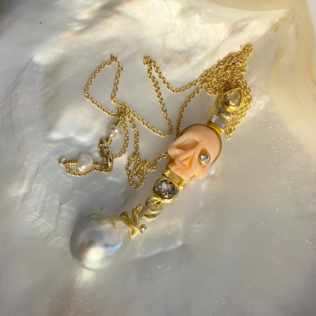 Memento Mori 18K & 22K Gold Necklace w. Pearls, Sapphire & Diamonds