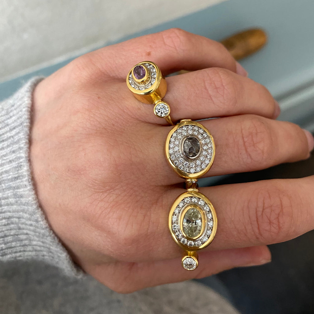 Pavé Cocktail 18K & 22K Gold Ring w. Diamonds & Sapphire