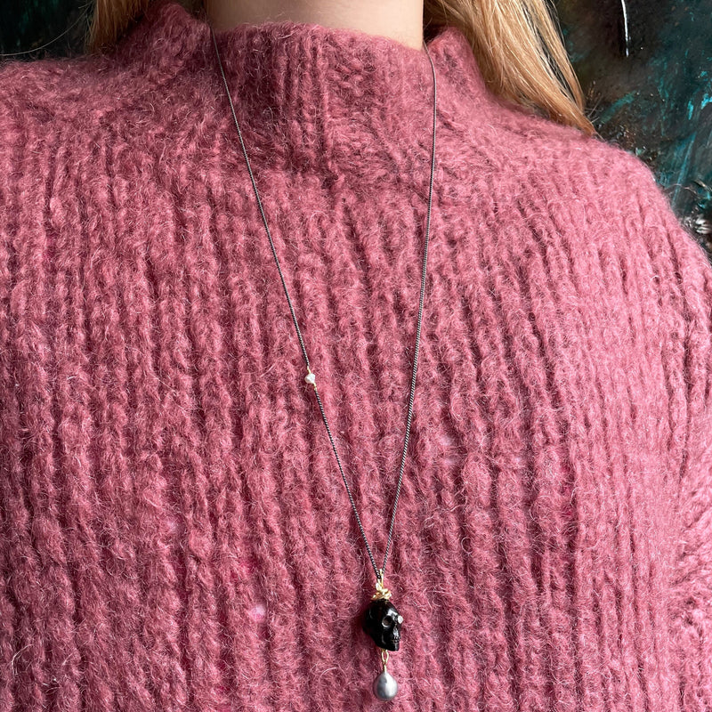 Memento Mori 18K og 22K Guld & Sølv Halskæde m. Tahiti-Perle, Keshi Perle & Diamant