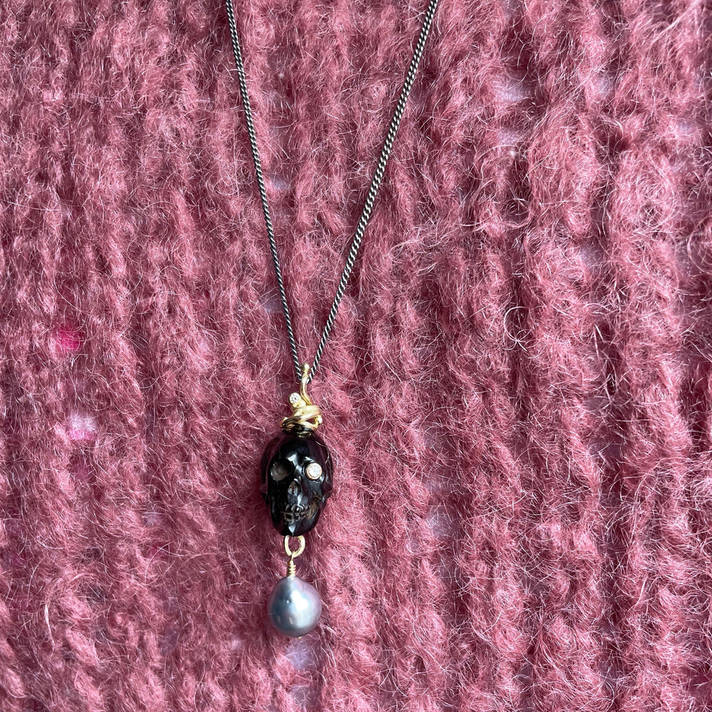 Memento Mori 18K & 22K Gold & Silver Necklace w. Thahiti Pearl, Keshi Pearl & Diamond