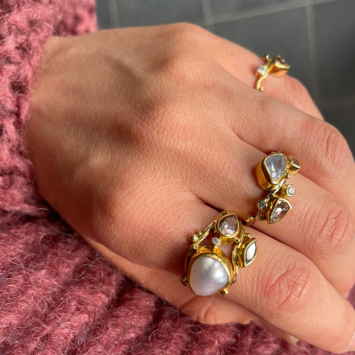 Double Seafire 18K & 22K Gold Ring w. Pearl, Morganite & Diamond