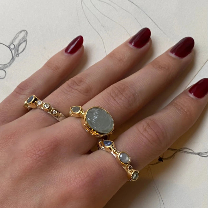 Cocktail 18K & 22K Gold Ring w. Aquamarine & Diamond