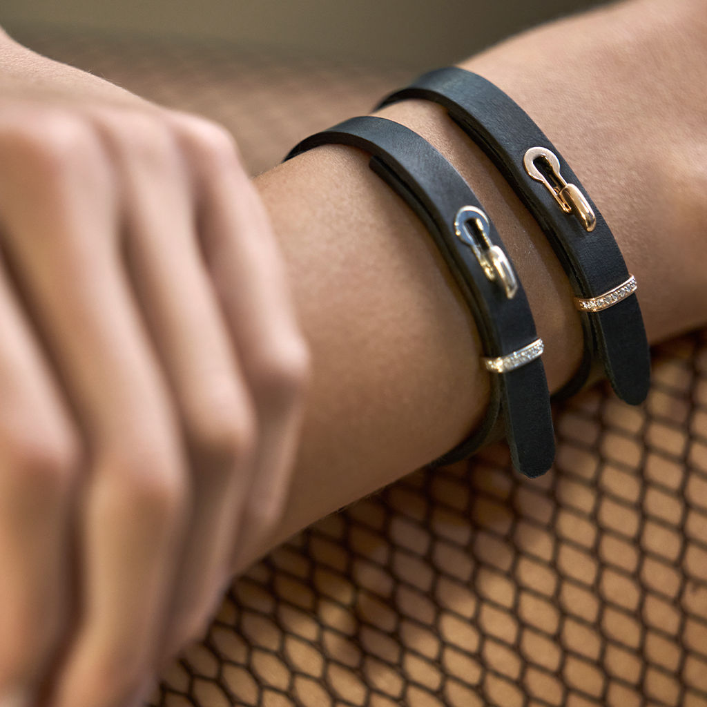 Revolution Black Leather 18K Gold Bracelet w. Diamonds