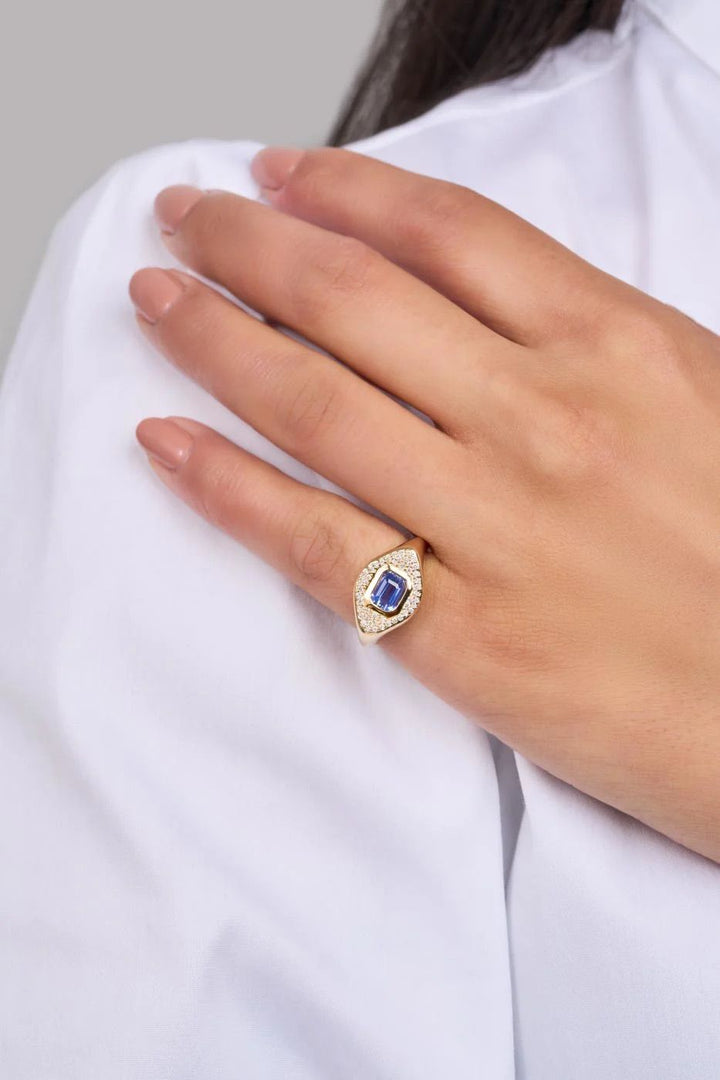 Blue Sapphire & Diamond 14K Gold Signet Ring
