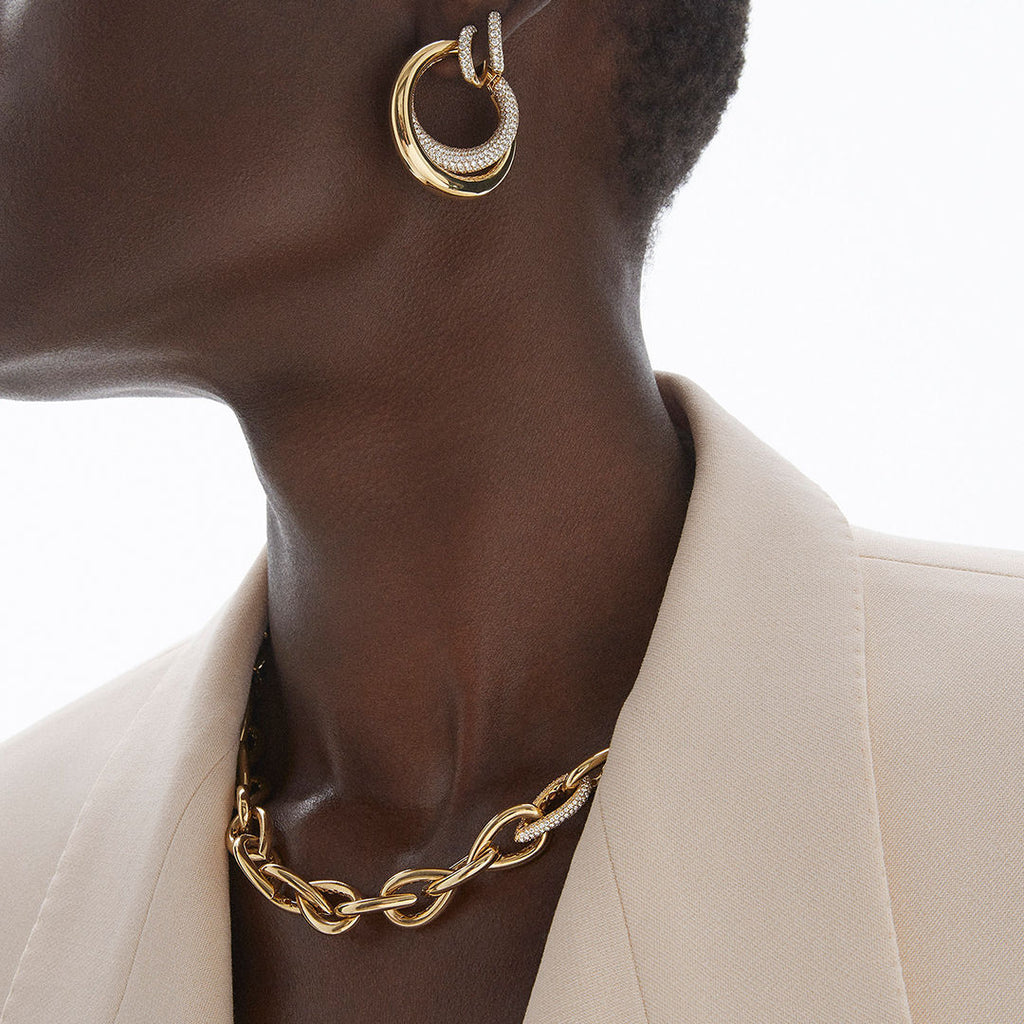 Infinity Loop Big Half Pavé 18K Gold Hoops w. Diamonds