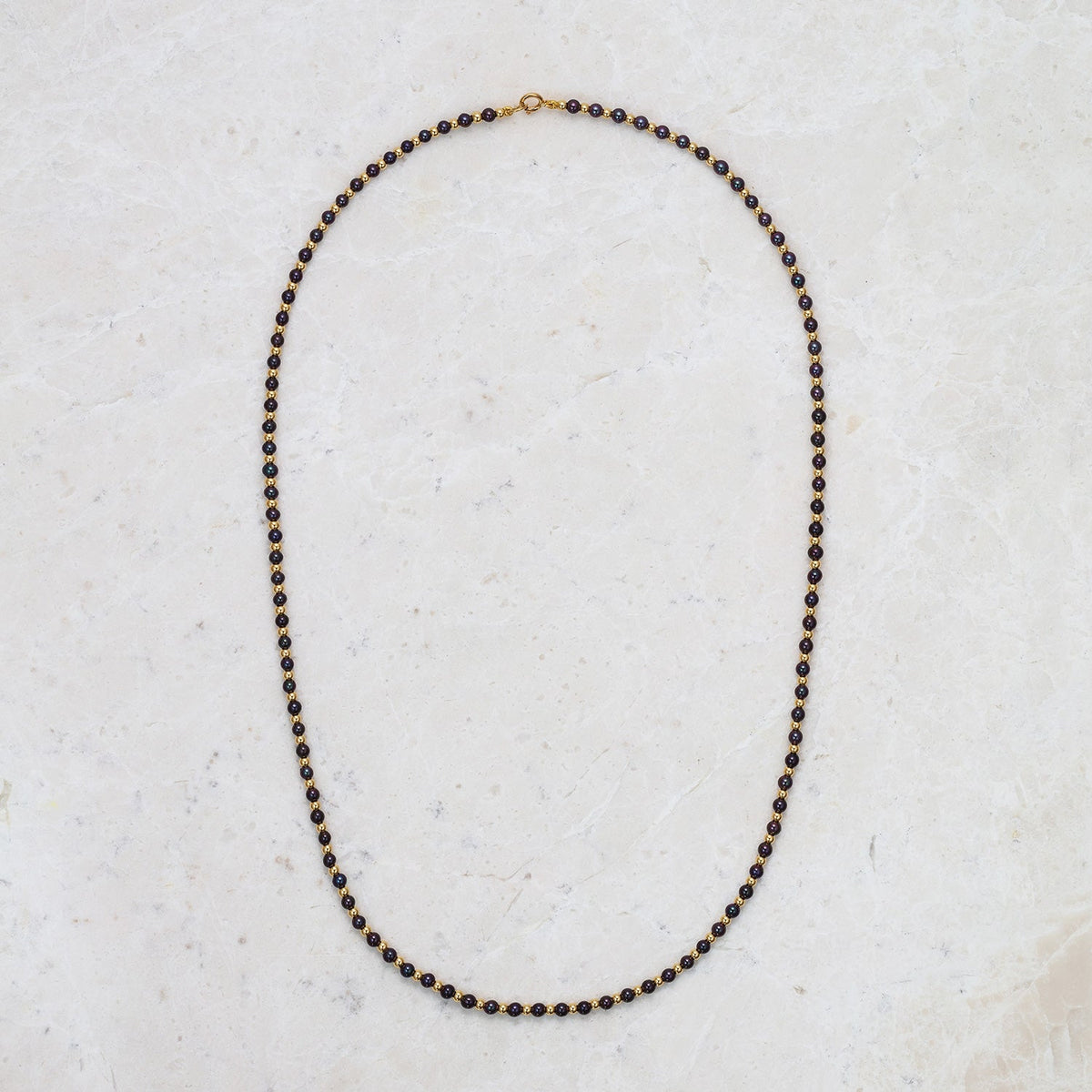 Small Black Pearl & Gold Bead 18K Gold Necklace