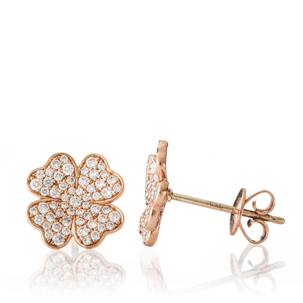 Clover 18K Gold, Rosegold or Whitegold Ring Large Studs w. Diamonds