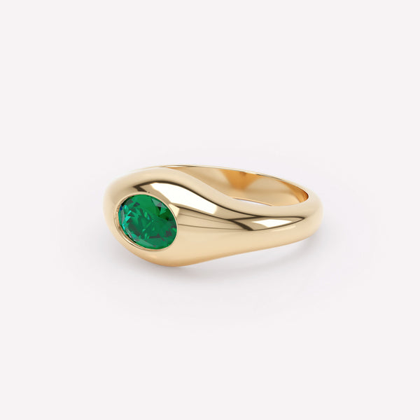 Curve Signet 18K Gold Ring w. Emerald