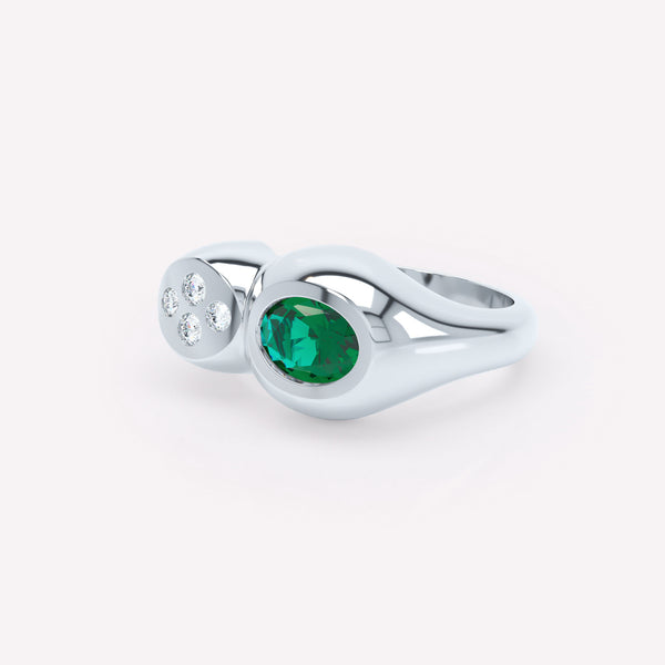 Curve Duo 18K Whitegold Ring w. Emerald & Diamonds