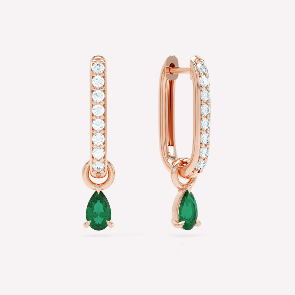 Allday 14K Rosegold Hoops w. Diamond & Emerald Drops