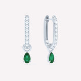 Allday 14K Whitegold Hoops w. Diamond & Emerald Drops