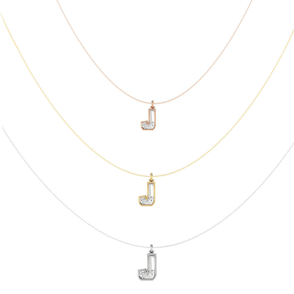 Alphabet 18K Gold, Rosegold or Whitegold Inital J Pendant w. Solitaire Lab-Grown Diamond