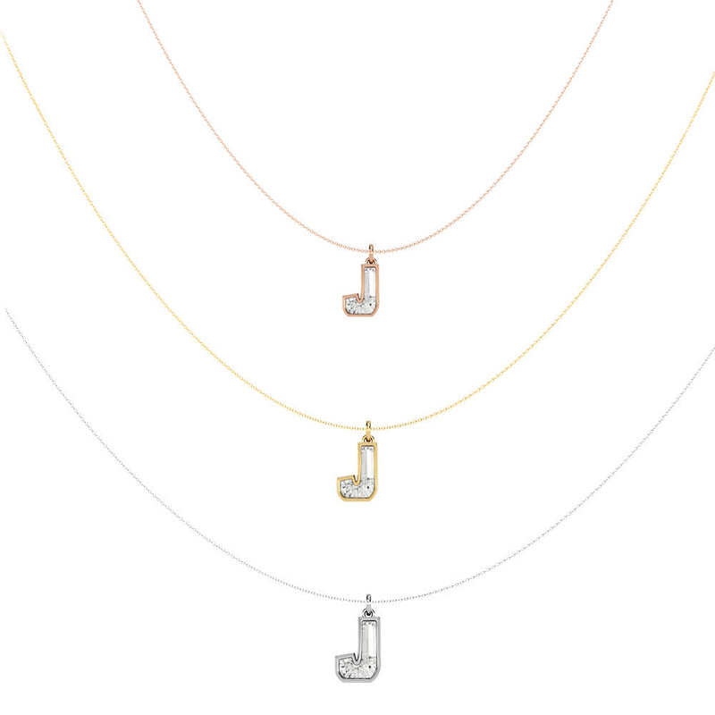 Alphabet 18K Gold, Rosegold or Whitegold Inital J Pendant w. Solitaire Lab-Grown Diamond