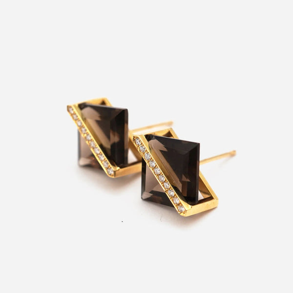 Band 18K & 10K Gold Earrings w. Smoky Quartz & Diamonds