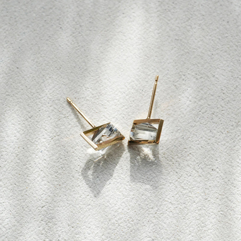 Band 18K & 10K Gold Earrings w. White Quartz