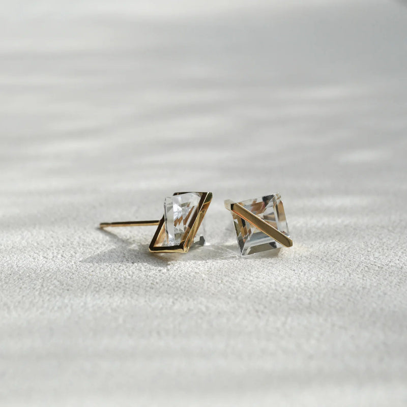 Band 18K & 10K Gold Earrings w. White Quartz