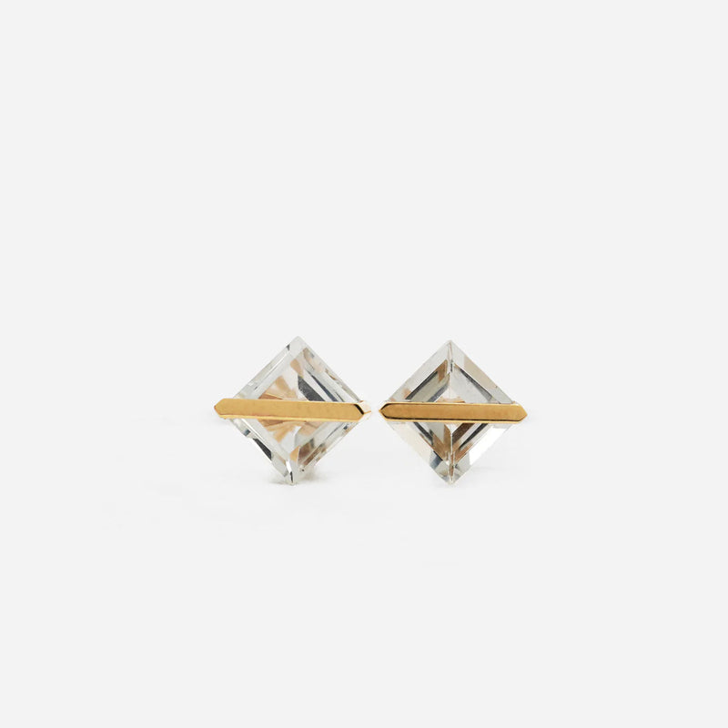 Band 18K & 10K Gold Earrings w. White Quartz