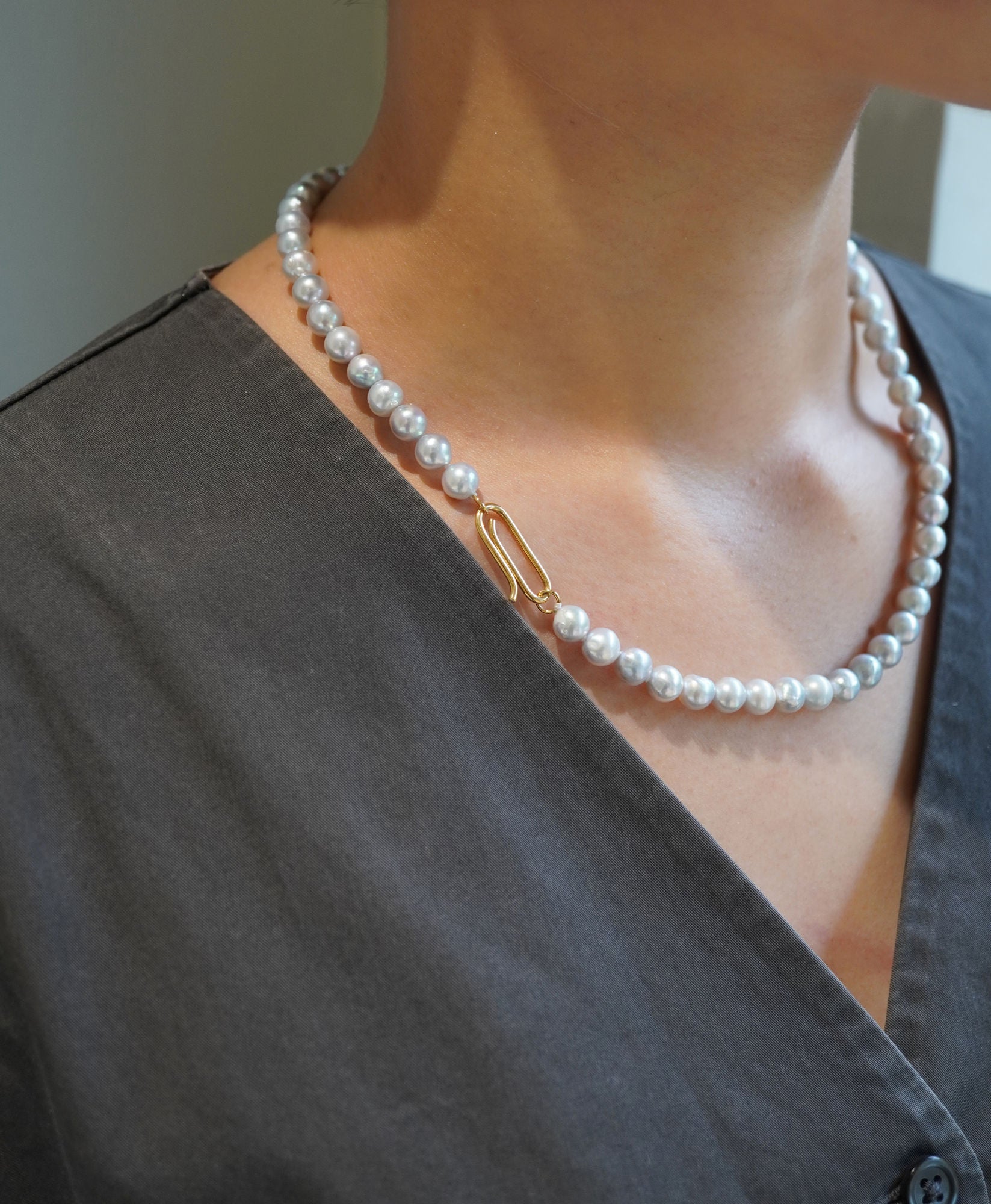 Natural B 18K Gold Necklace w. Akoya Pearl & Diamond