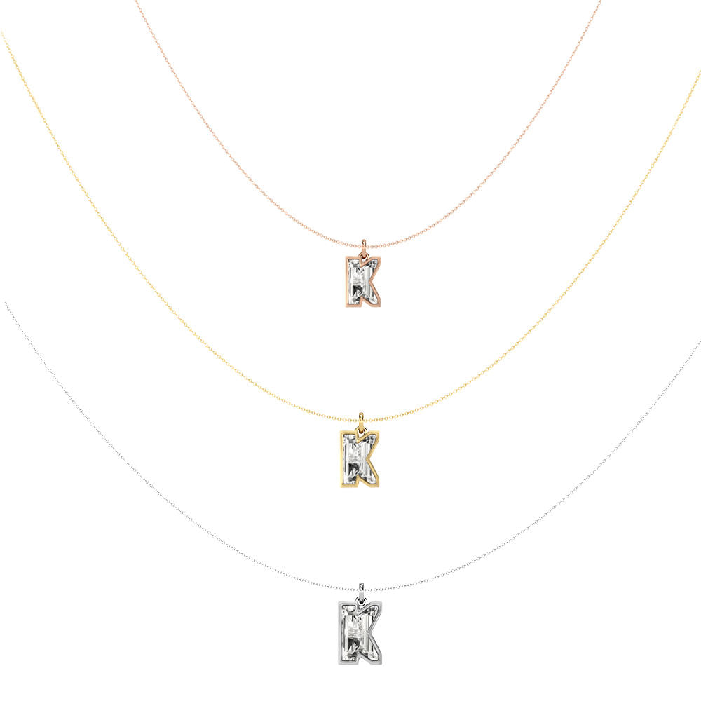 Alphabet 18K Gold, Rosegold or Whitegold Inital K Pendant w. Solitaire Lab-Grown Diamond