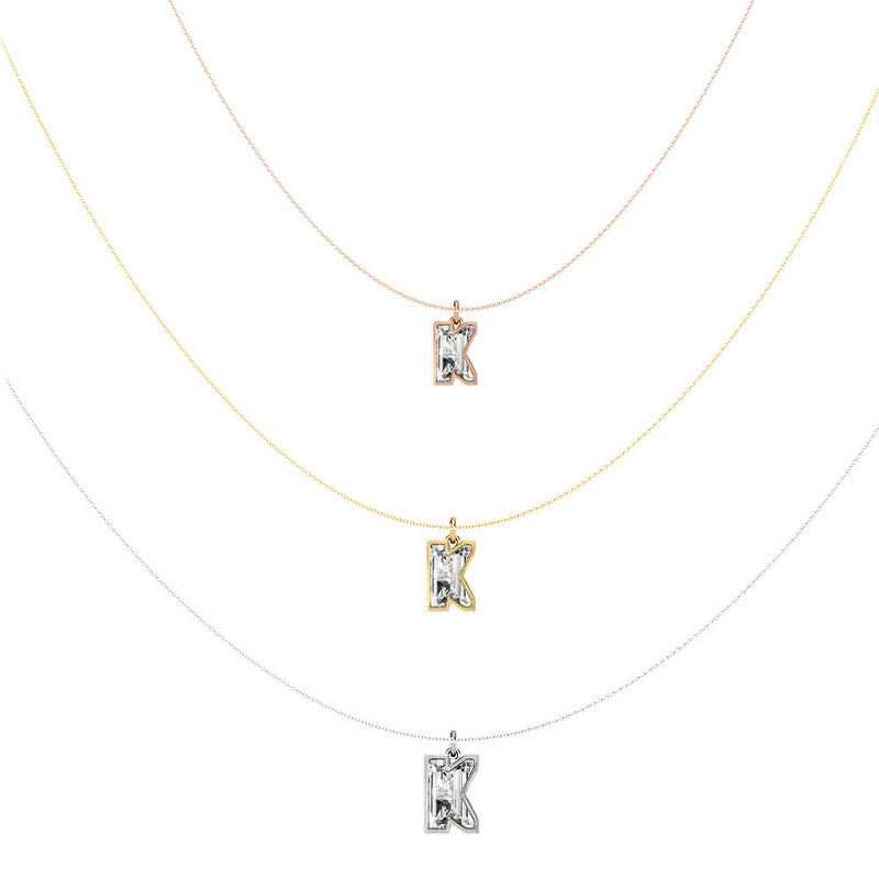 Alphabet 18K Gold, Rosegold or Whitegold Inital K Pendant w. Solitaire Lab-Grown Diamond