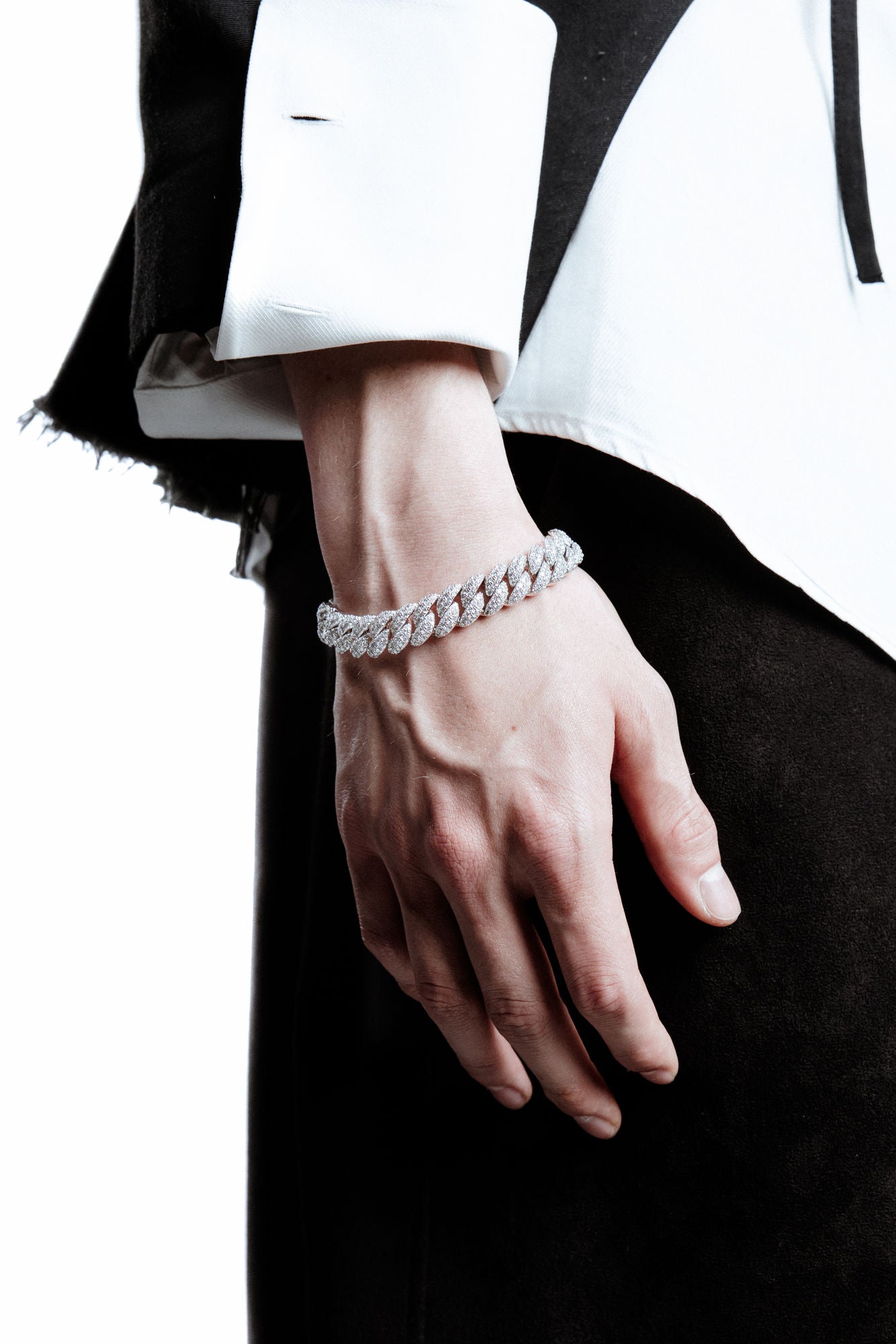 12mm Cuban Rhodium Plated Silver Bracelet w. Moissanites